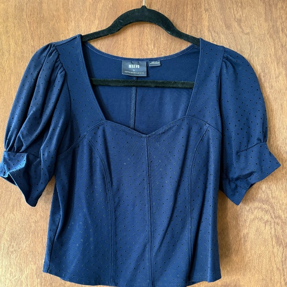Maeve (Anthropologie) Navy Polka-Dot Puff-Sleeve Top • Square Neck • Size Small - Picture 2 of 6